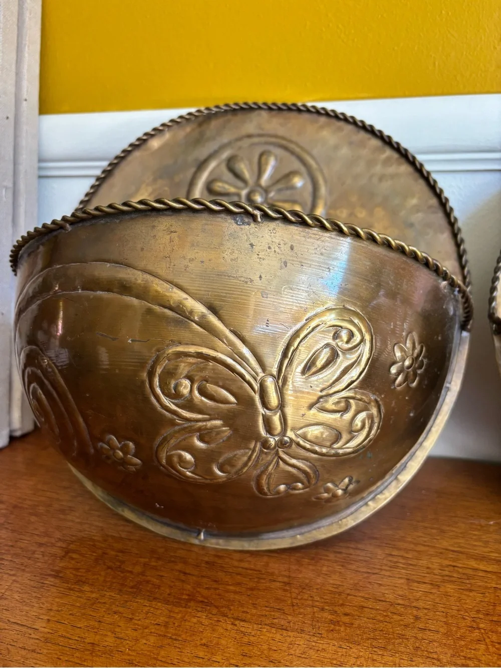 Set of three brass wall pocket hanging plant holders vintage butterfly flower